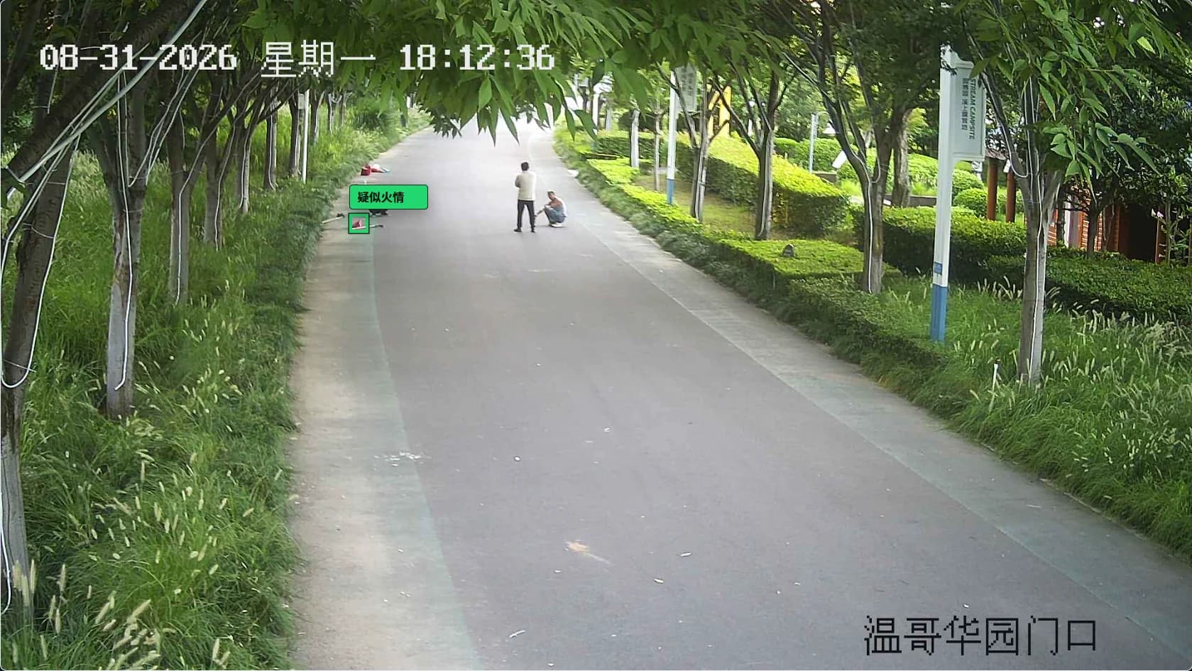 温哥华园门口疑似火情监控画面